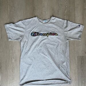 Champion Heather Gray Men's Tee with Multicolor Logo